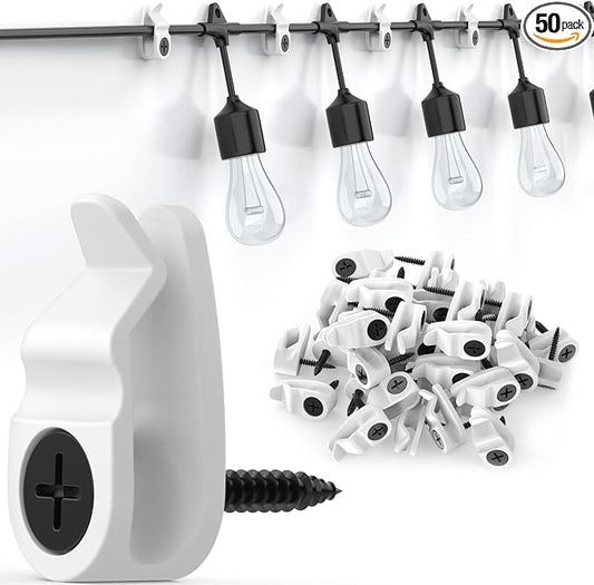 Hooks for Outdoor String Lights Clips, Christmas Light Clips Weatherproof, Lights Hanger Hooks for Hanging Christmas Light, Fairy Light, Cable, Holiday Decor - White, 50 Pack
