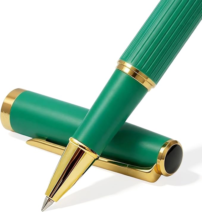 Rollerball Pen Smooth Writing Ballpoint Pens Gift Set, Metal Body with 2 Schmidt Refills, Journal Notebook Pen for Women Men Business signature Office School (Green)
