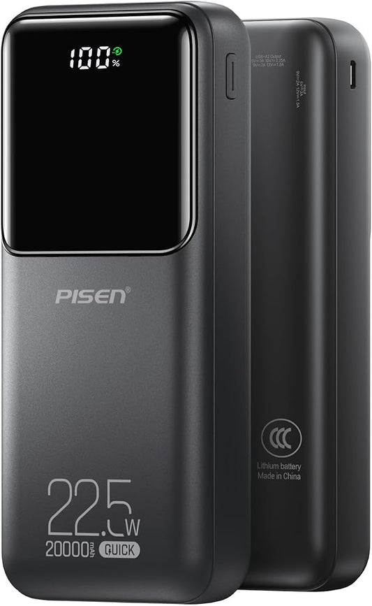 PISEN CCC Certified Power Bank - 20000mAh 22.5W 3C Power Bank, Travel Battery Pack Portable 3C Charger, PD3.0 QC3.0 20000mAh LED Display Portable Charger 2USB-A, 1USB-C for iPhone, Samsung and More