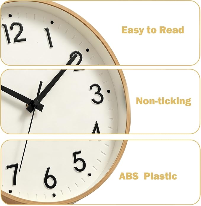 Mosewa Small 8 Inch Wall Clock Battery Operated Silent Non Ticking Analog | Beige modern clock; oversized 3D easy-read dial for kitchen, bedroom & office; 1 AA battery (not included)