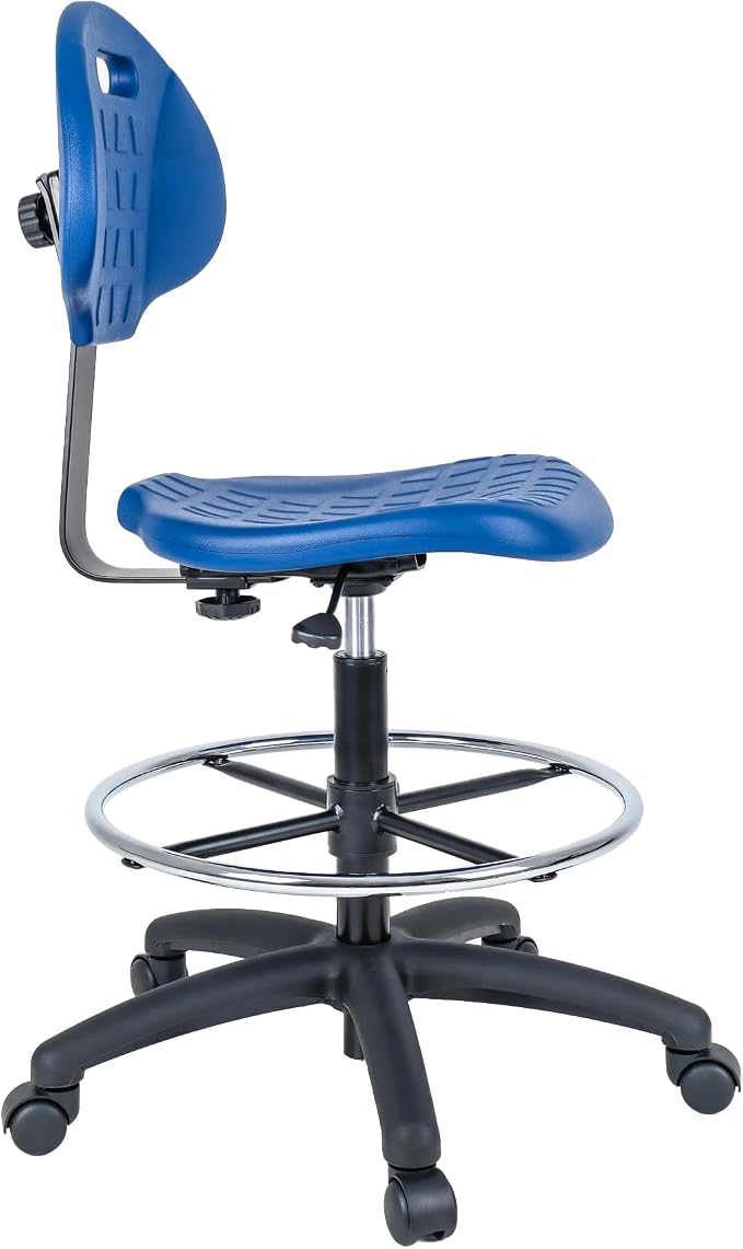 Drafting Stool Blue- Easy to Clean! Quick Ship. Ergonomic Polyurethane Chair. Seat Height Adjustable (23"-33") Heavy Duty Adjustable Footring for Home, Automotive, Lab, Cleanroom (Blue)