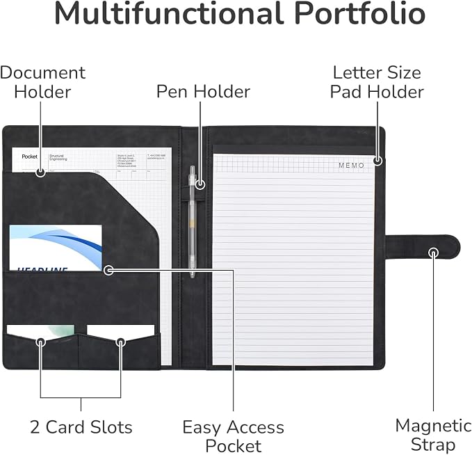VANRA Padfolio Portfolio Binder Faux Leather Interview Resume Folder with Notepad, Document Organizer Card Holder, Letter-Sized Notepad Portfolio Organizer for Business School Office (Black)