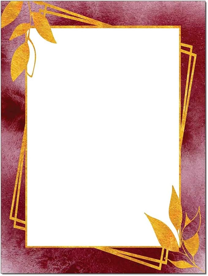 Gold & Burgundy Leaves 25 Pack - 8.5 x 11 Inch Printable Letterhead - Laser and Inkjet Printer Compatible