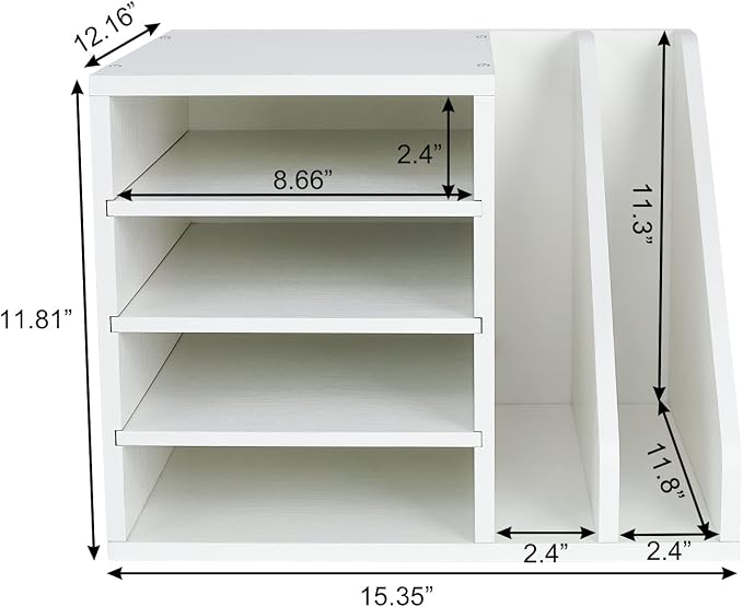 PAG Wood Desktop File Holder Organizer Mail Sorter, White, 15.35" W x 12.16" D x 11.81" H