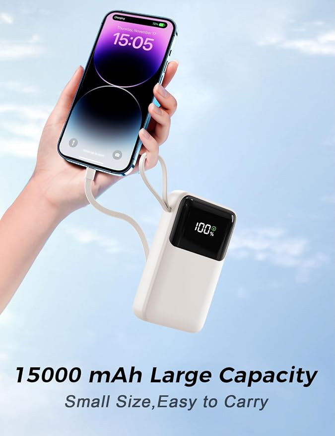 Power Bank, 15000mAh Portable Charger with Built in Cable, 22.5W Fast Charging, 6 Outputs, Slim Travel Essential Battery Pack with LED Display, Compatible with iPhone 17/16/15/14/13, iPad Beige