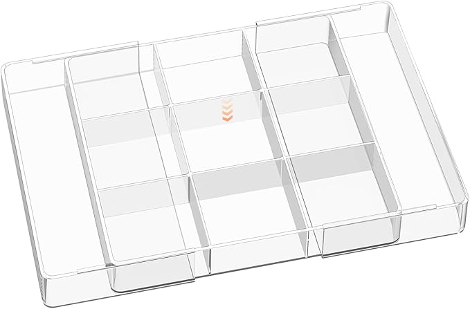 Acrylic Expandable Desk Drawer Organizer with 11 Adjustable Compartments and 6 Removable Dividers Desk Accessories for Office Kitchen Bathroom Makeup and Utensil Junk Storage (Clear, 1Pc)