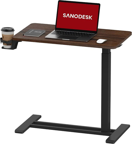 SANODESK 28''Mobile Standing Desk with Hidden Wheels,Pneumatic Laptop Desk | Computer Cart Movable Height Adjustable Table Small Sit Stand Desk for Home Office Hospital Use,27.6"W x 15.7"D,Black Walnut