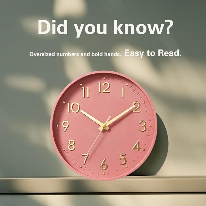 Mosewa 10 Inch Wall Clock Battery Operated Silent Non Ticking Analog | Pink Gold modern clock; oversized 3D easy-read dial for kitchen, bedroom & office; 1 AA battery (not included)