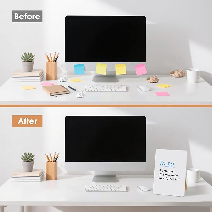 Desktop Glass Dry Erase Board, 11" x 8.2", Adjustable Wood Stand, Reusable | Small Glass Whiteboard, Desk Notepad for Home Office