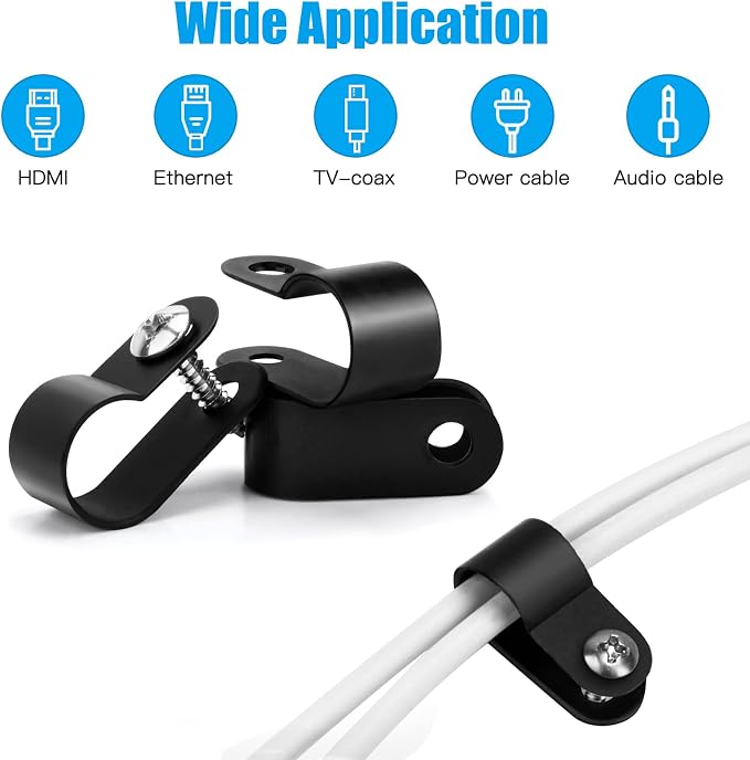 VIPMOON 100Pcs 3/8 Inch R-Type Cable Clamps, Nylon Plastic Cable Clips with Screws, Mounting Cord Fasteners for Electrical Wire Clamps Management, Black