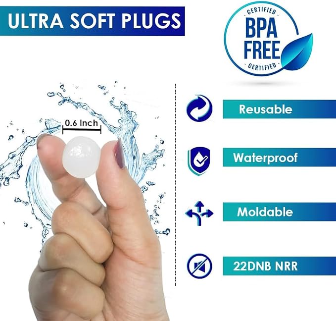 Ear Plugs for Sleeping, Swimming- Soft Noise Cancelling Silicone Gel Wax Earplugs for Sleep and Swimmers, Ear Protection with Sound Blocking Level of 32 Db (White, 16 Count (Pack of 1))