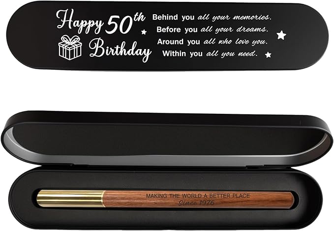 50th Birthday Gift for 1976 Born - Engraved Wooden Gel Pen & Keepsake Box Set, Golden 50 Year Old Gift for Men & Women, Milestone Birthday Present