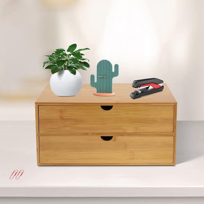 Desktop Organizer, 12.99*7.48*6.3in Bamboo Desk Organizer 2 Drawers Tabletop Storage Organization Box Wooden Countertop Drawers Organizers with 2 Drawers for Cosmetics Collections Toiletries Jewelry