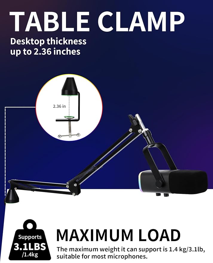 Low Profile Mic Boom Arm - YOUSHARES Boom Arm for Blue Yeti Fifine AM8 K688 QuadCast SoloCast AT2020, Adjustable Low Profile Microphone Arm for Podcast Streaming Gaming Studio