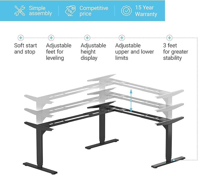 Standing Desk Corner Frame - Adjustable Height and Width Legs with Triple Electric Motors for Home Office L Shaped Desk FLT-05 Black