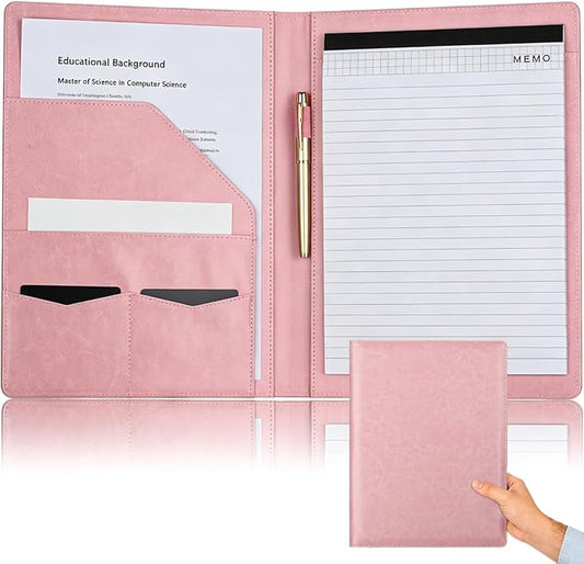 Padfolio Portfolio Binder, Faux Leather Folder, Resume Interview Legal Document Organizer, Letter Sized Writing Pad w/Business Card Holder, A4 Professional Folio for Office Conference (Pink)