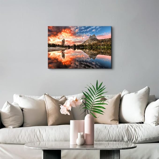 Nature Cathedral Lake Wall Art for Kitchen Wall Decor Mountain Forest Wall Decor Burnt Orange Sunset Photography Painting Canvas Prints Modern Aesthetic Framed Posters Artwork 16x24" Ready to Hang