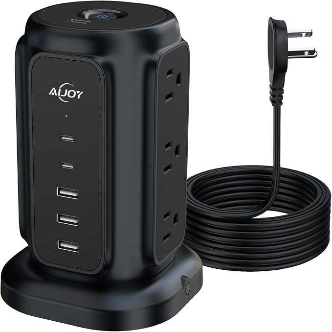 AiJoy Flat Plug Power Strip Tower with 9 AC Outlets and 5 USB Ports | USB Charging Station with 1200J Protection, 6 Feet Extension Cord, Office Desk Accessories for Men, Dorm Essentials for Guys