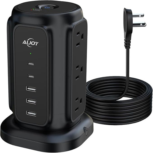 AiJoy Flat Plug Power Strip Tower with 9 AC Outlets and 5 USB Ports | USB Charging Station with 1200J Protection, 6 Feet Extension Cord, Office Desk Accessories for Men, Dorm Essentials for Guys