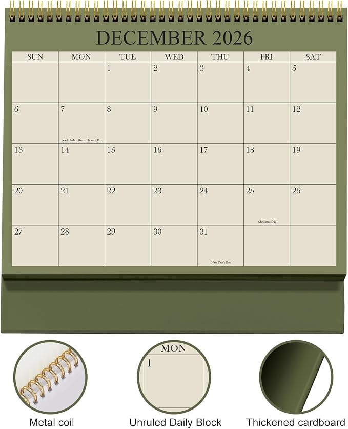 Desk Calendar 2026-2027 - Runs July 2026 until December 2027 - Beautiful Small Flip Desktop Calendar for Easy Organizing, 6" x 8", Green
