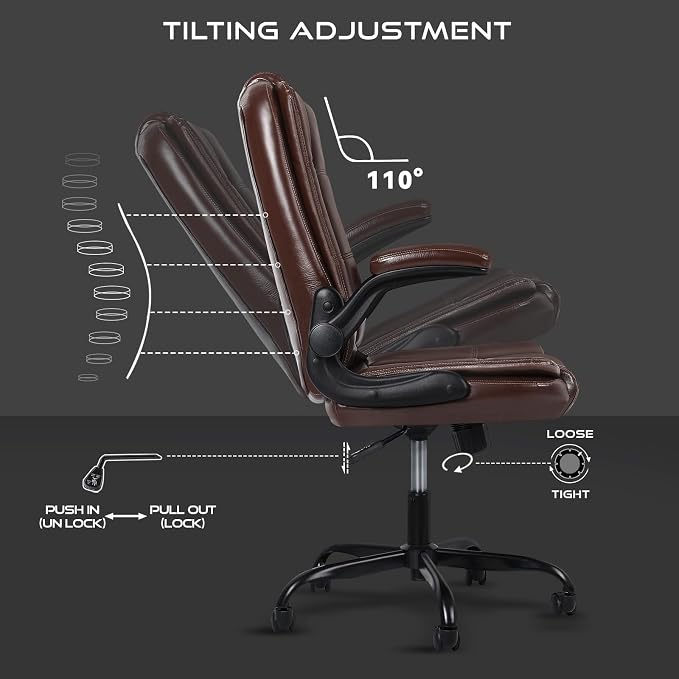Ergonomic Office Chair with Flip-up Armrests, Big and Tall Leather Executive Office Chair, High Back Lumbar Support Home Computer Desk Chair, Heavy and Duty Computer Chair (Brown)