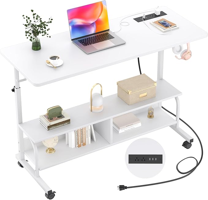 Armocity Rolling Standing Desk with Charging Station, Portable Height Adjustable Mobile Computer Desk with Wheels & 2-Tier Shelves & Hooks, Easy Assembly Laptop Table for Couch Bed, 47" White