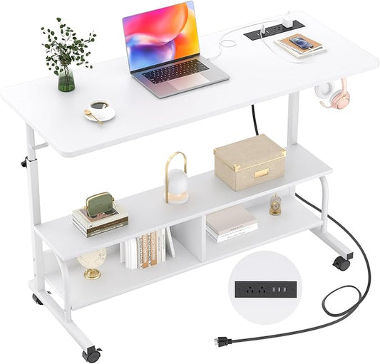 Armocity Rolling Standing Desk with Charging Station, Portable Height Adjustable Mobile Computer Desk with Wheels & 2-Tier Shelves & Hooks, Easy Assembly Laptop Table for Couch Bed, 47" White