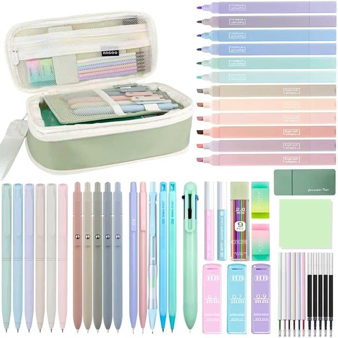 JIZHIYUAN 54PCS Aesthetic Office Supplies with Large Pencil Case,12 Pastel Highlighters,5 Black & 6 Color Ink Gel Pens, 6-in-1 Ballpoint Pen,5 Mechanical Pencils 0.5-2.0mm Stationary Set(Green)