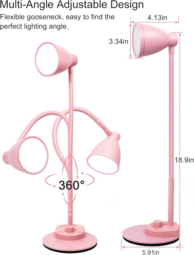 BOHON Cute Desk Lamp with USB Charging Port, Pink Lamp 3 Color Modes Dimmable LED Reading Lamp, Flexible Neck Auto Dimming Table Task Light for Home Office Dorm Bedside, Pink