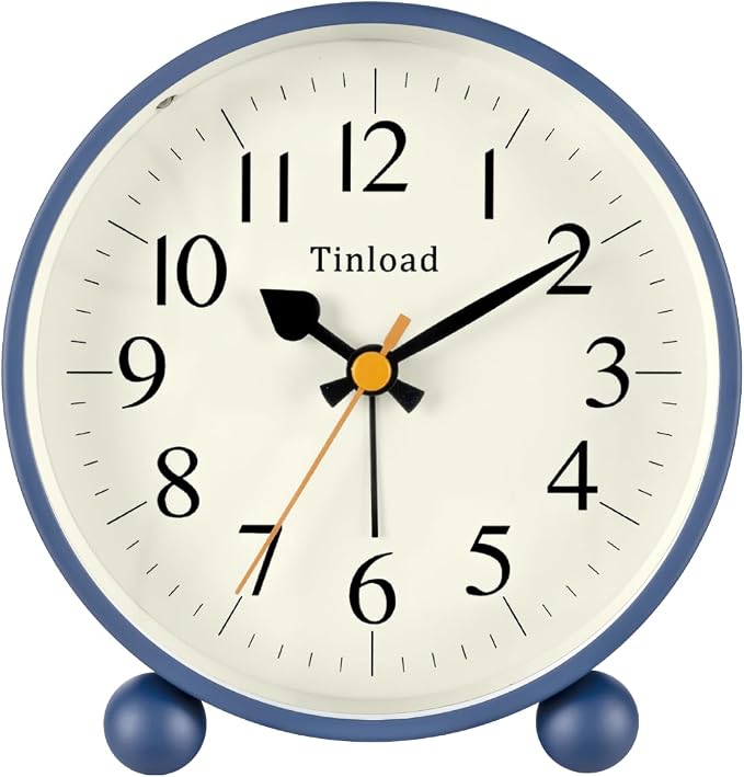 Tinload 4.5" Vintage Retro Analog Alarm Clock, Super Silent Non Ticking Small Clock with Manual Light, Snooze, Battery Operated, for Living Room, Bedroom, Bedside, Desk(Blue)