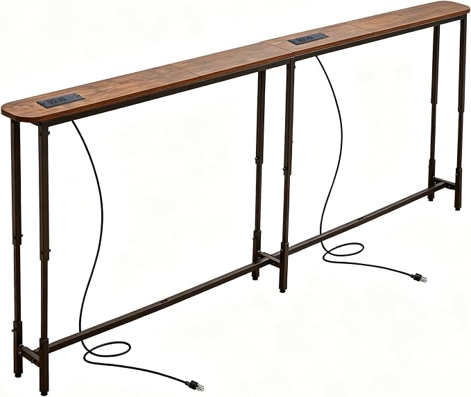 Forteek 78.8" Narrow Sofa Table with Power Outlets, Adjustable Height | Smooth Rounded Corner,Behind Couch with Storage for Living Room,2 USB Ports,Charging Station,Rustic Brown,Anti-Bump Pads