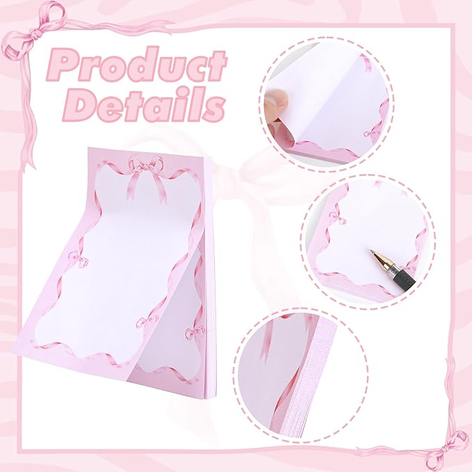 Coquettte Pink Bow Sticky Notes - 9 PCS Pink Post It Notes Coquettte School Supplies Aesthetic Self Stick Note to Do List Memo Pads Office Stationery for Women Girls Girly 3x3 Inches