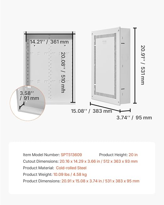 VEVOR Structured Media Enclosure, 20-Inch, Recessed in-Wall Media Box with Cover, Wall-Mount Cable Management Box Kit, Structured Wiring Multi-Media Cabinet, Cold-Rolled Steel, for TV Home Theater