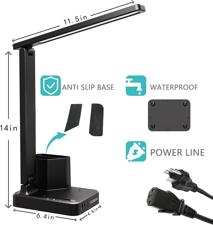 cozoo LED Desk Lamps for Home Office, Modern Dimmable Eye Cariing Desk Light with USB Charging Ports AC Outlet, Pen Holder,Touch/Memory/Timer, Kids Small Table Lamp for Reading, Bedroom, Study, Craft