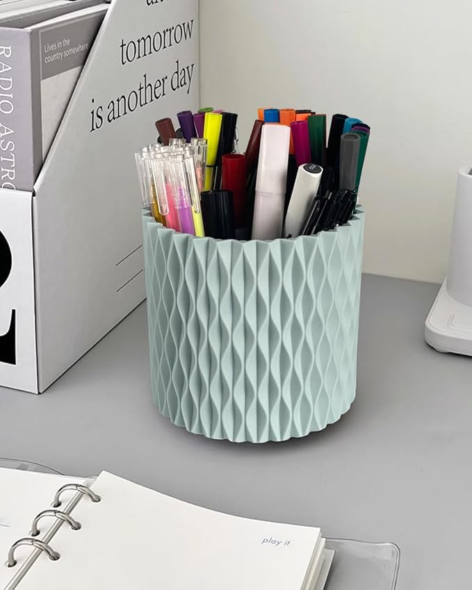 Lebenrich Rotating Pen Holder for Desk, 5 Slots Unique Blue Desk Pen Organizer Easthetic Desktop Supplies and Accessories for Women Girls, Pencil Cup Caddy for Office Home Art Supply