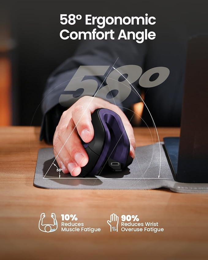 ProtoArc EM11 NL Wireless Ergonomic Mouse, Rechargeable, Black Purple | 58° vertical design supports a natural wrist posture, connect 3 devices via Bluetooth/2.4G USB-A, 500mAh USB-C rechargeable.