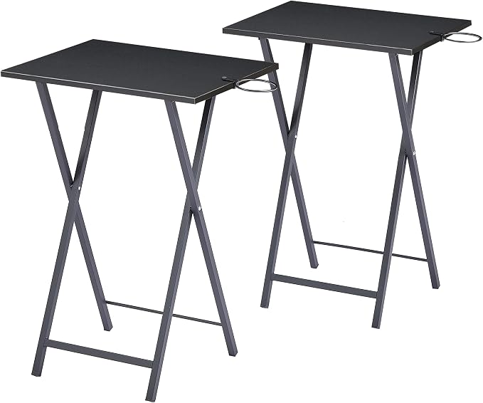 VECELO Folding TV Tray for Eating Set of 4, Portable Dinner/Snack Table with Cup Holder for Couch, Living Room and Small Space,Black