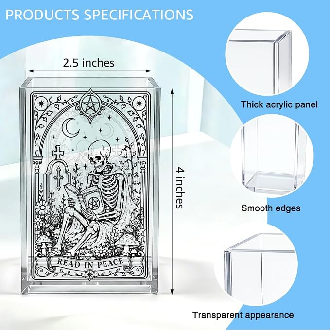 Read In Peace Acrylic Pen Holder, Gothic Skeleton Reading Book Desk Pencil Cup Organizer, Book Lover Office Desk Accessory, Halloween Bookworm Gifts for Women Librarian Reader Book Lover