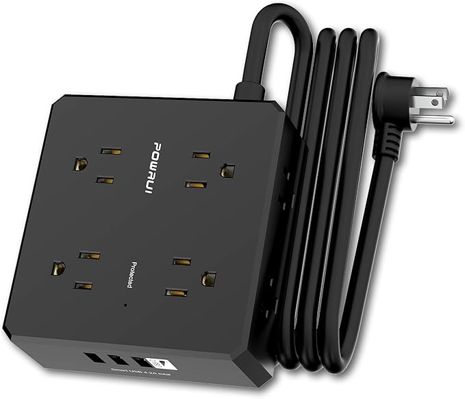 Surge Protector Power Strip - 6 Ft Flat Plug Extension Cord with 8 Widely Outlets and 4 USB Ports(1 USB C), 3 Side Outlet Extender for Home Office, Black, ETL Listed