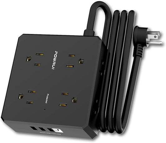 Surge Protector Power Strip - 6 Ft Flat Plug Extension Cord with 8 Widely Outlets and 4 USB Ports(1 USB C), 3 Side Outlet Extender for Home Office, Black, ETL Listed
