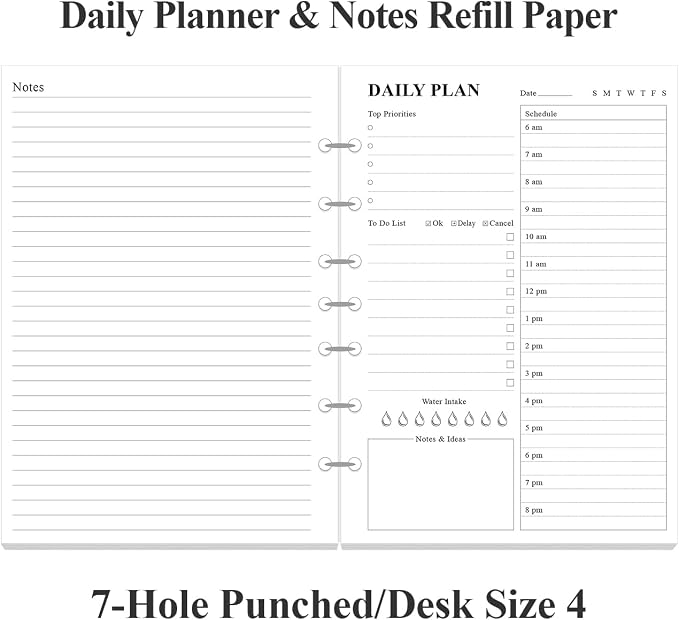 7-Hole Punched To Do List Insert - Undated Daily Planner Refill for 3/7 Hole Mini Binder,100 Sheets/200 Pages Planner and Lined Refill, 100 gsm White Paper, 5.8'' x 8.3''