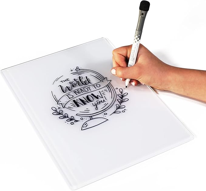 Glass Dry Erase Desktop Doodle Board with Stand and Fine-Tip Marker (White, 9" x 12")