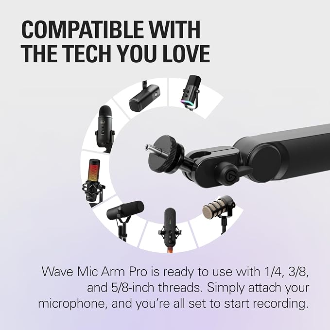Elgato Wave Mic Arm Pro - 360° Rotatable Low Profile Gas Spring Microphone Arm, Works with Elgato Mics/Shure SM7B/HyperX QuadCast/Rode/Blue Yeti & more – For Broadcasting/Podcasting/Streaming
