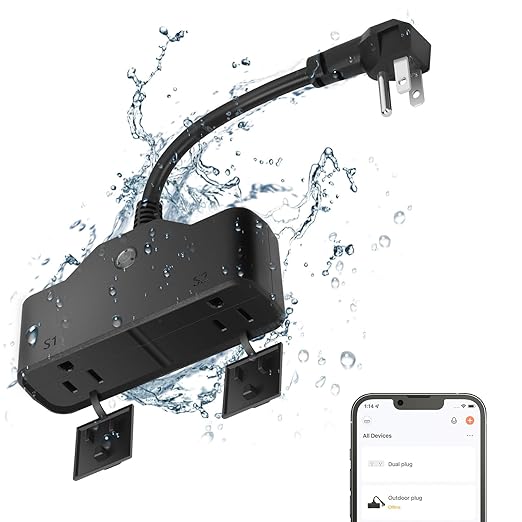 15A Outdoor Smart Plug, Heavy Duty Smart Home Wi-Fi Outlet Timer, Outlet with 2 Sockets, Wireless Remote Control, Compatible with Alexa & Google for String Light and Motors, 2.4 GHZ, Black