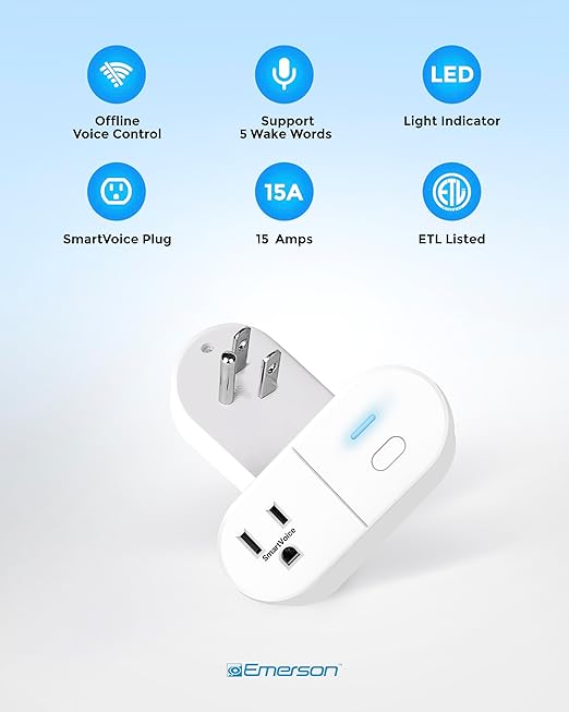 Emerson SmartVoice Smart Wall Plug, Single Outlet Voice Control, No WiFi or App, Hands-Free Control, Sleep & Wake Timer, ETL Listed