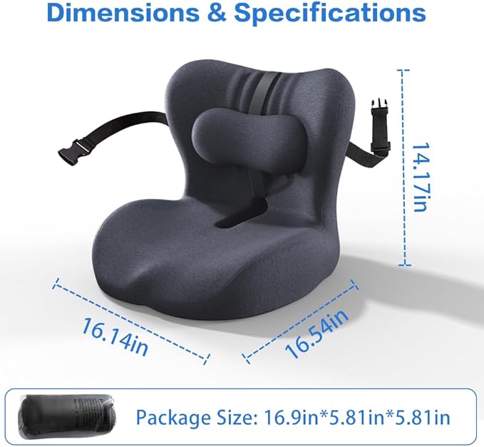 Adjustable Seat Cushion & Lumbar Support Pillow Set for Office Chair, Ergonomic Pillow for Sciatica Pain Relief, Memory Foam Back Support Pillow & Chair Cushion for Car seat, Desk Chair (black)