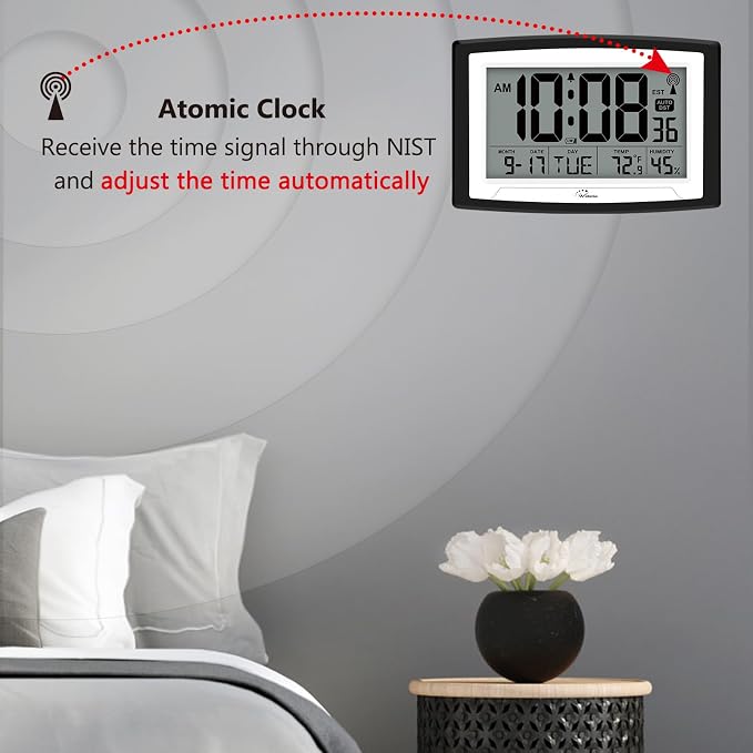 WallarGe 12.5 Inch Atomic Clock with Indoor Temperature and Humidity | Battery Operated Digital Wall or Desk Clock, Auto DST, Large Display for Seniors, Self-Setting, for Classroom, Garage, Office