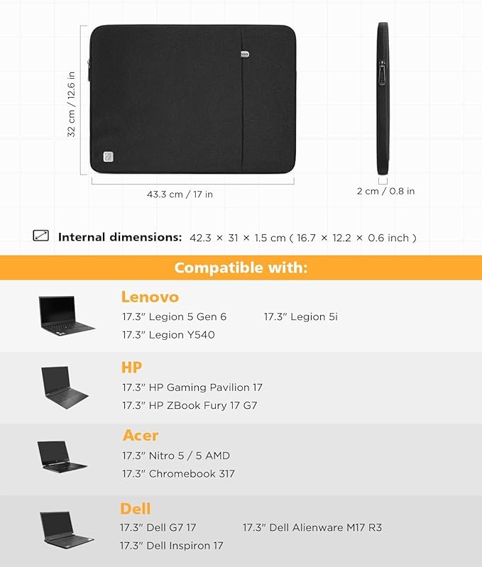 NIDOO Laptop Sleeve 17 inch Computer Protective Carrying Case Portable Cover for 17.3 inch Lenovo Legion 5 / IdeaPad 3 / Dell G7 17 / XPS 17 / HP Envy Laptop 17 470/17.3" Acer Nitro 5 AMD/Asus