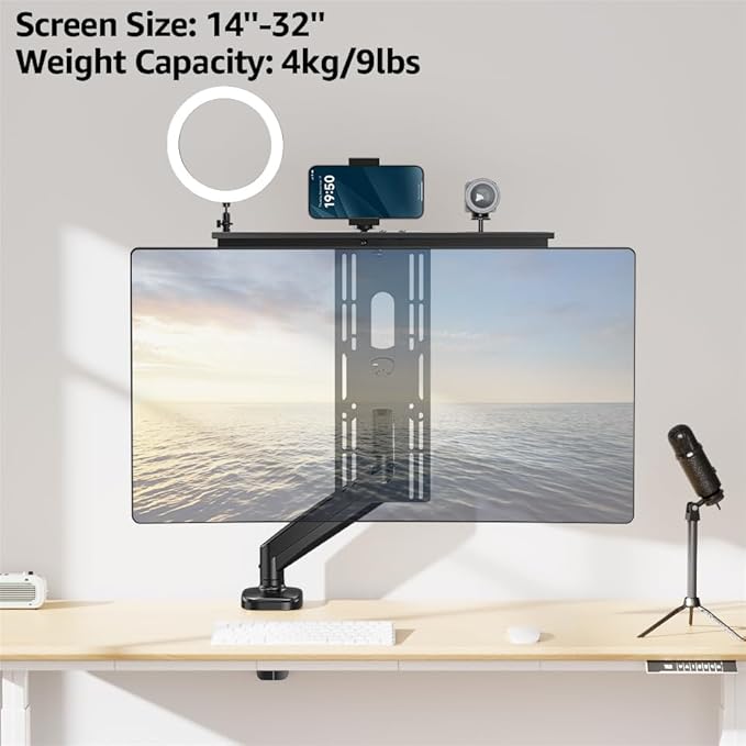 DSLR Monitor Mount Hold up to 11 lbs, Monitor Top Shelf for Livestream Device, Camera Mount, Webcams, Microphones, Lighting and More, Fits VESA Mount 75/100mm, Height Adjustable