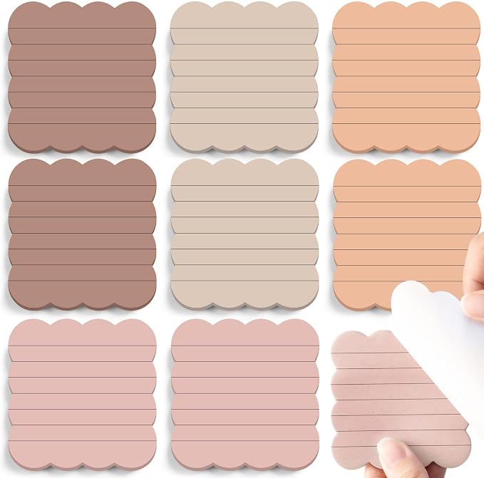 Eaasty 8 Pack Scalloped Aesthetic Sticky Notes Bulk Brown Colors Cute Wavy Self Sticky Note Pads 3" x 3" Lined Note Pads for Back to School Office Supplies 240 Sheets